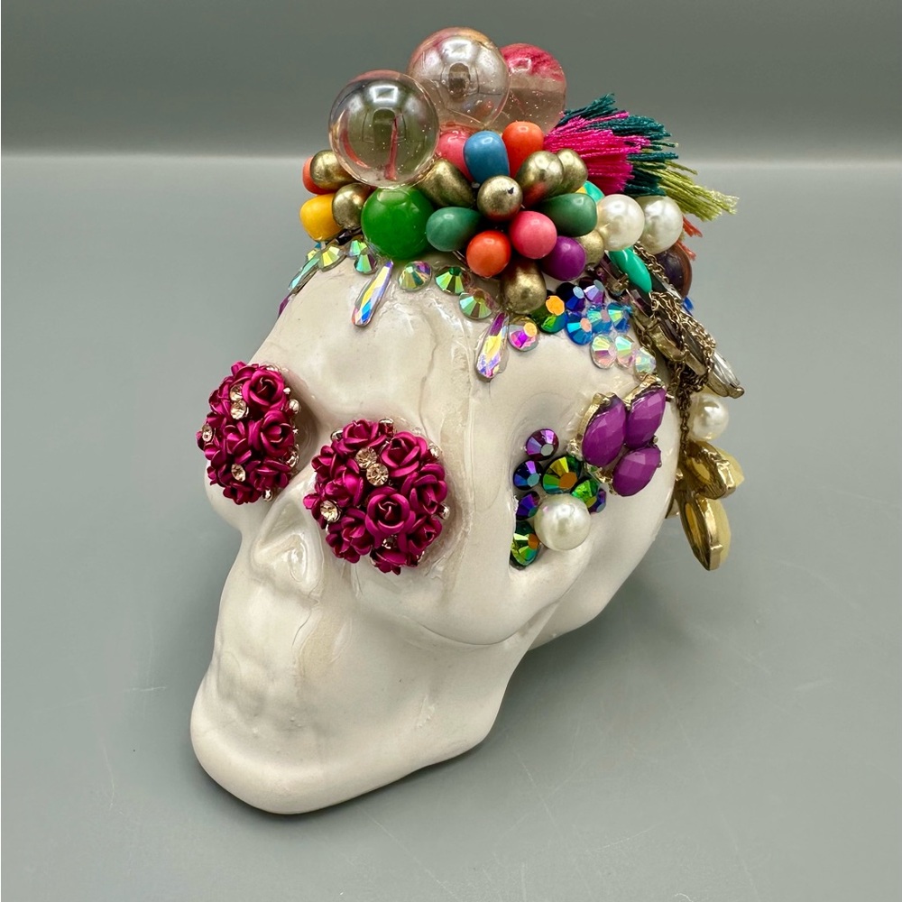 Hand Crafted Iridescent Ceramic Jeweled Skull | Maximalist Gothic Glam Sculpture